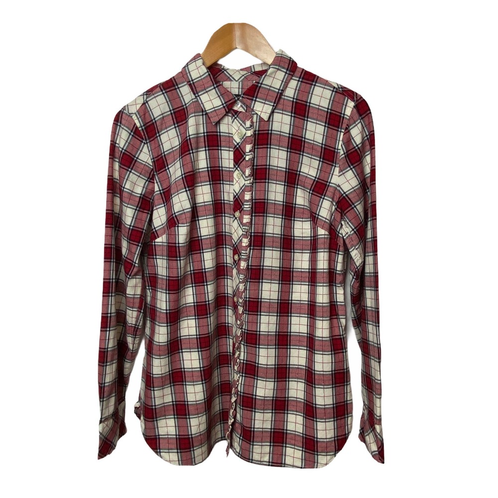 Talbots Plaid Shirt Womens M Red Black Ruffle Button Front‎ Feminine Academia